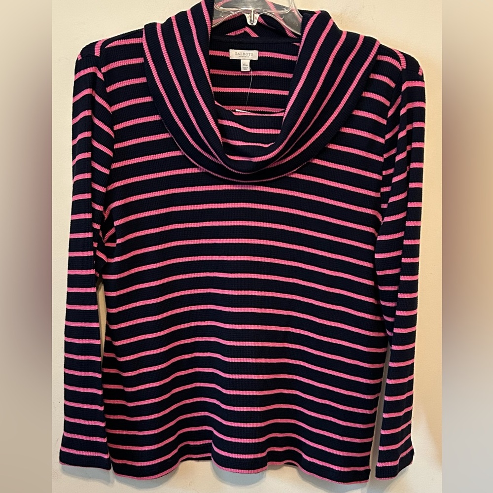 Talbots Navy Pink Striped Cowl neck Ribbed Cotton Tunic Size XL Petite NWT